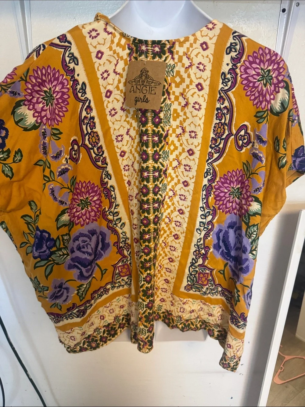 Boho Floral Open Front Kimono - Mustard & Purple